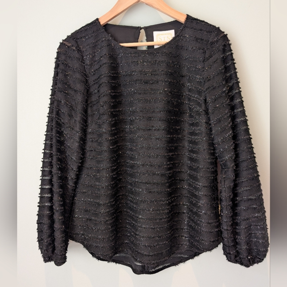 New STS Sail to Sable Black Metalic Stripped Long Sleeve Blouse